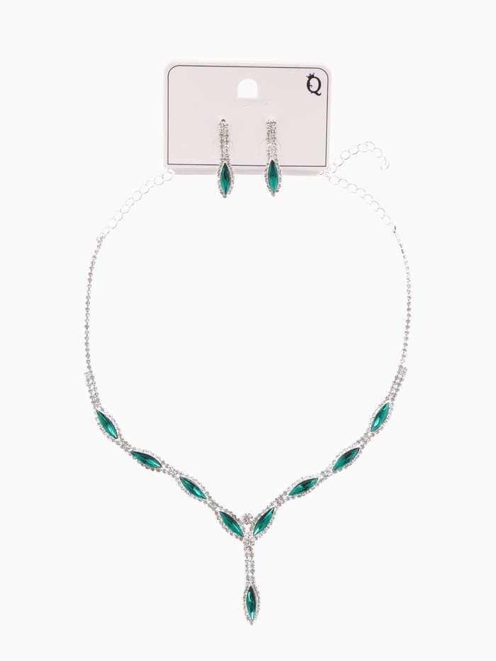 Набор 2 предмета: серьги, колье «Листопад», тонкий ромб, зелёно-белый в серебре, 45 см