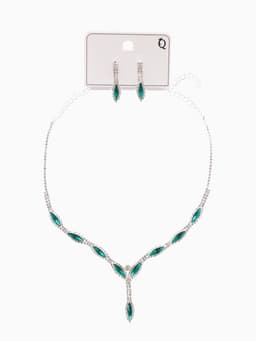 Набор 2 предмета: серьги, колье «Листопад», тонкий ромб, зелёно-белый в серебре, 45 см