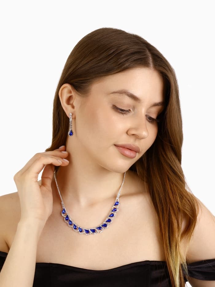 Набор 2 предмета: серьги, колье «Листопад», капли, сине-белый в серебре, 45 см
