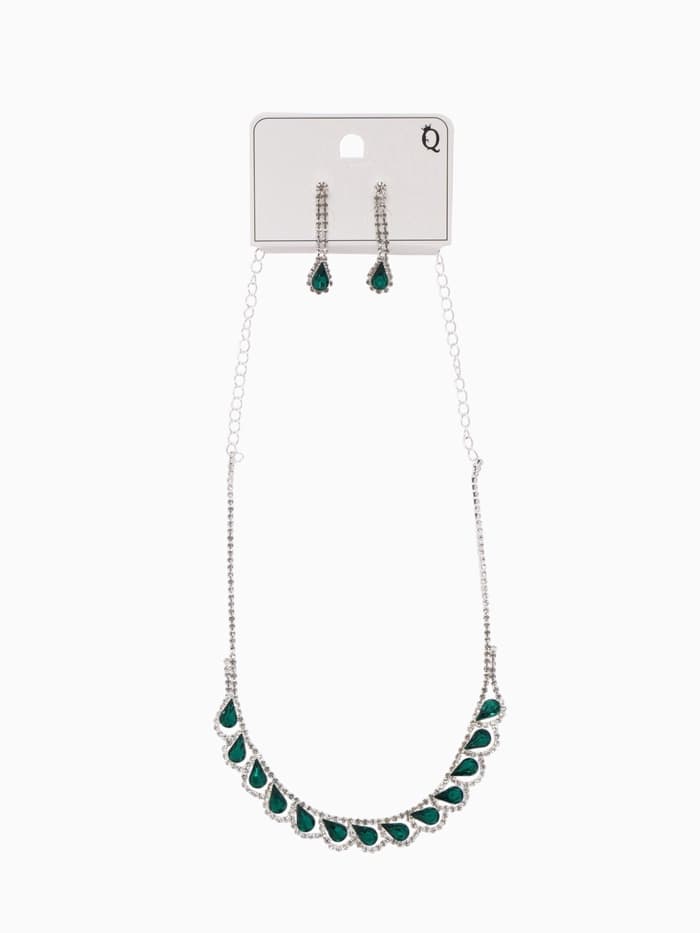 Набор 2 предмета: серьги, колье «Листопад», капли, зелёно-белый в серебре, 45 см
