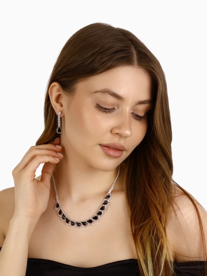 Набор 2 предмета: серьги, колье «Листопад», капли, чёрно-белый в серебре, 45 см