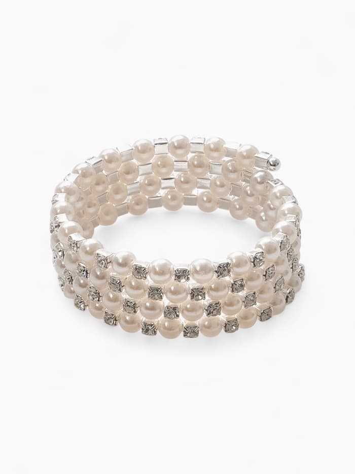 Браслет пружинка «Жемчуг. Стразы», d=6 см, шар №6, белый в серебре