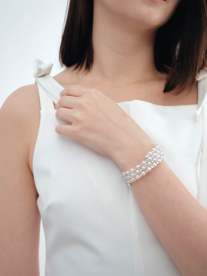 Браслет пружинка «Жемчуг. Стразы», d=6 см, шар №6, белый в серебре