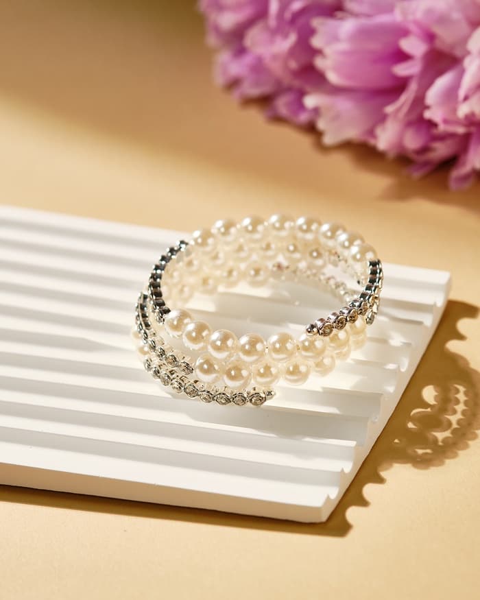 Браслет пружинка «Жемчуг. Стразы», d=6 см, шар №8, белый в серебре