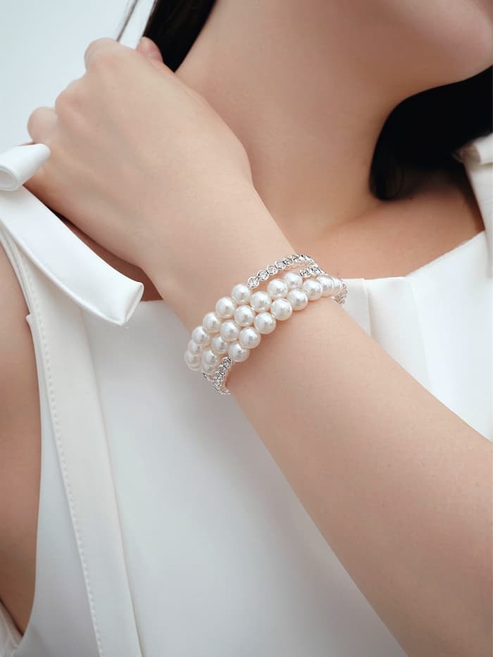 Браслет пружинка «Жемчуг. Стразы», d=6 см, шар №8, белый в серебре