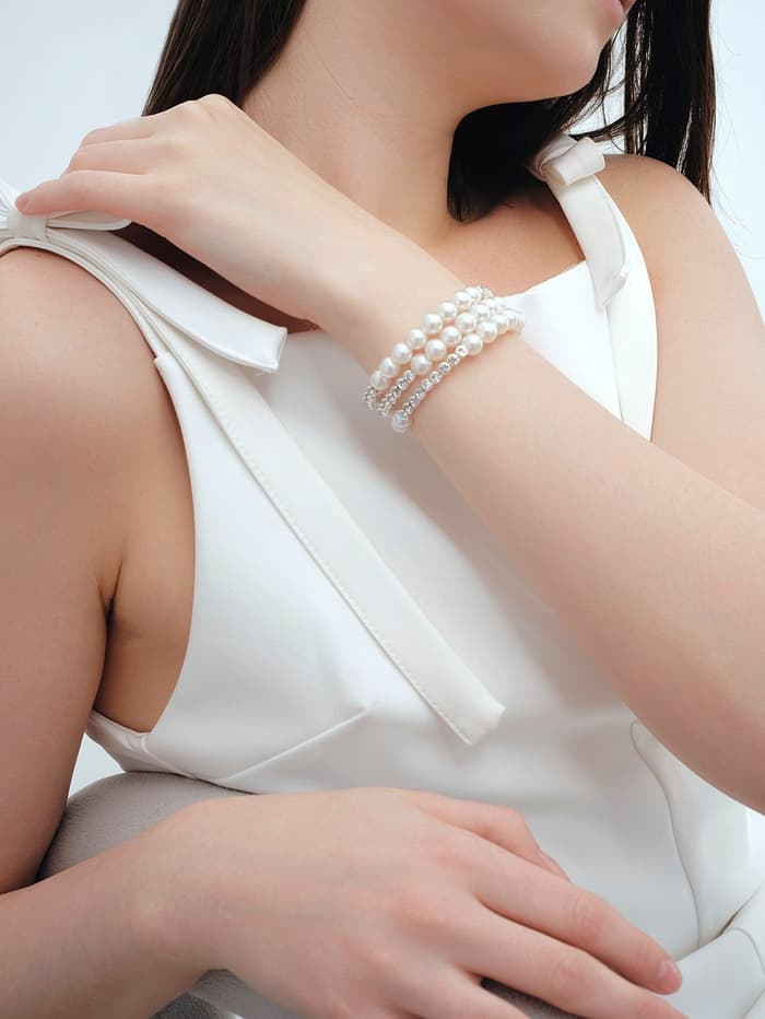 Браслет пружинка «Жемчуг. Стразы», d=6 см, шар №8, белый в серебре