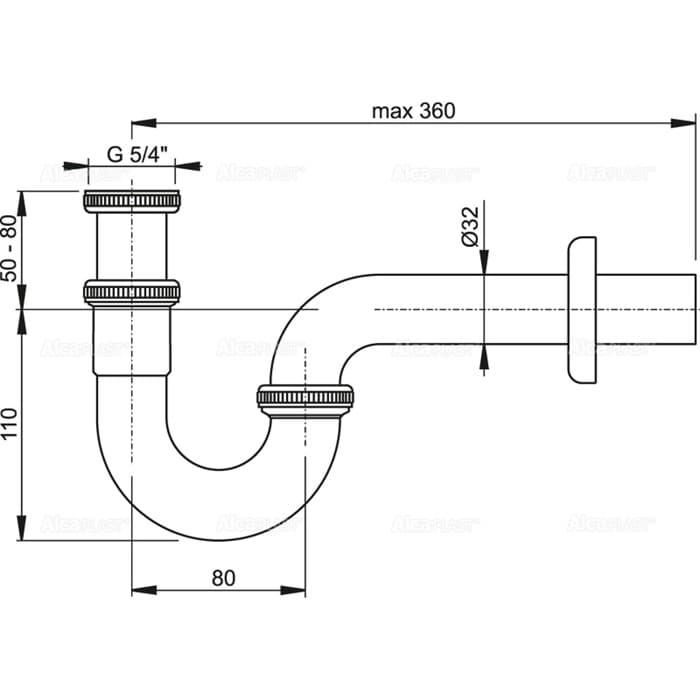 Сифон для раковины Alcaplast A432, DN=32 мм, U-форма с накидной гайкой 5/4", металл, хром