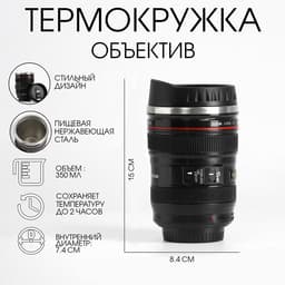 Термокружка TAKE IT EASY, 350 мл, Экземпляр «Объектив», 7.5×14 см, нержавеющая сталь, пластик, чёрная