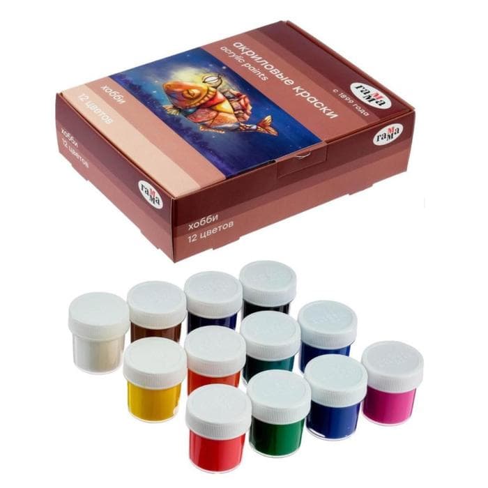 Краска акриловая, набор 12 цветов × 20 мл, Гамма «Хобби», морозостойкая, глянцевая