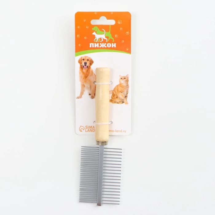 Расчёска для шерсти Wood, 17×5.5 см, двухсторонняя, с деревянной ручкой