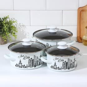 Набор эмалированных кастрюль «Новый город», 3 шт.: 1.5 л, 2.3 л, 3 л, индукция, белый