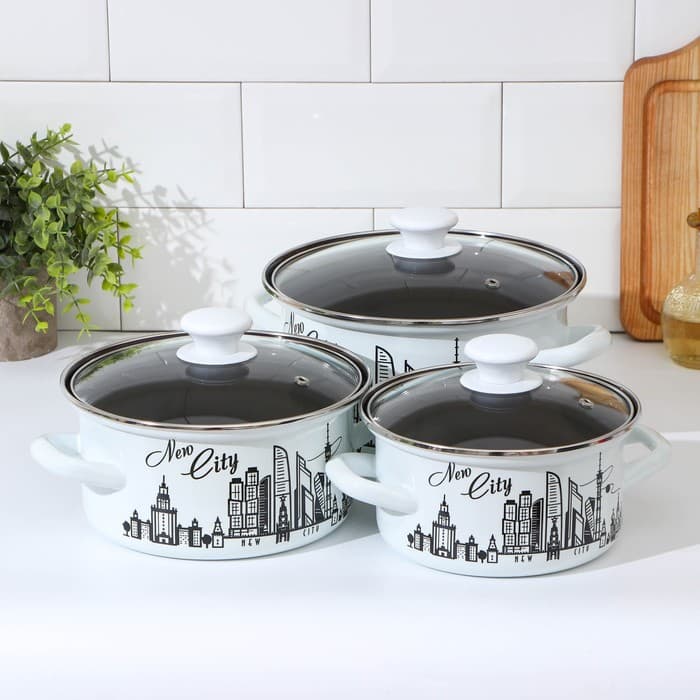 Набор эмалированных кастрюль «Новый город», 3 шт.: 1.5 л, 2.3 л, 3 л, индукция, белый