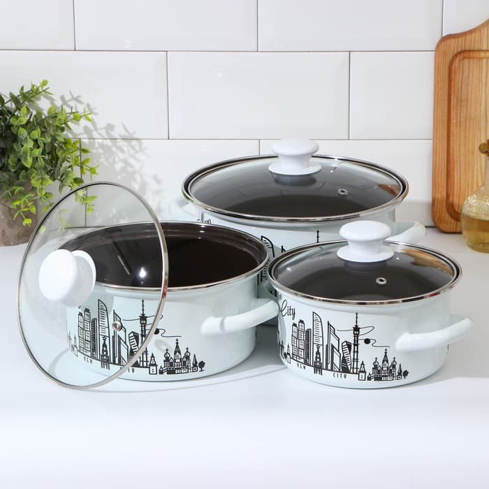 Набор эмалированных кастрюль «Новый город», 3 шт.: 1.5 л, 2.3 л, 3 л, индукция, белый