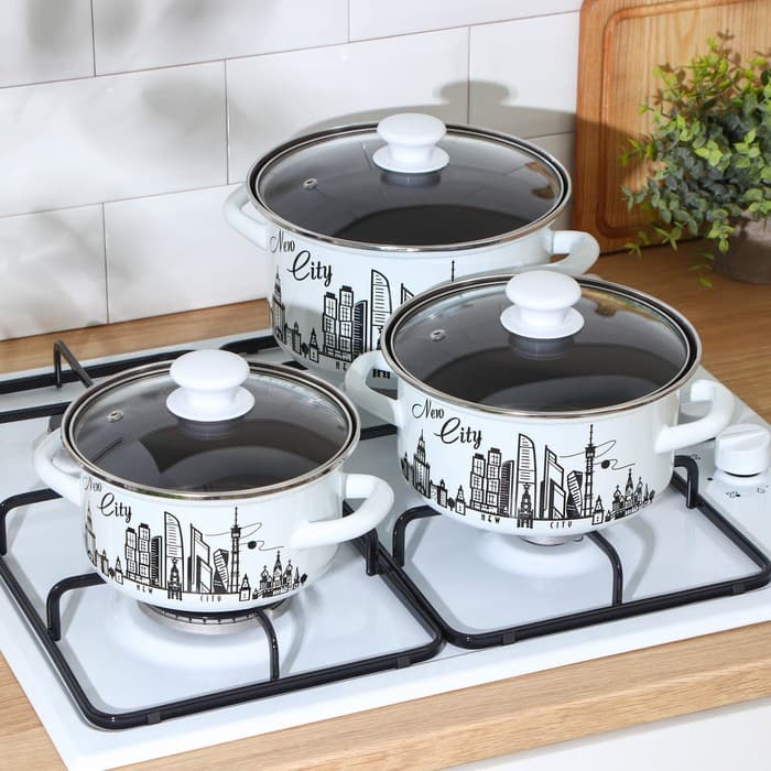 Набор эмалированных кастрюль «Новый город», 3 шт.: 1.5 л, 2.3 л, 3 л, индукция, белый