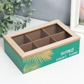 Шкатулка для чая с делениями «Пальмовые листья», дерево, зелёная с золотом, 7×16.5×24 см