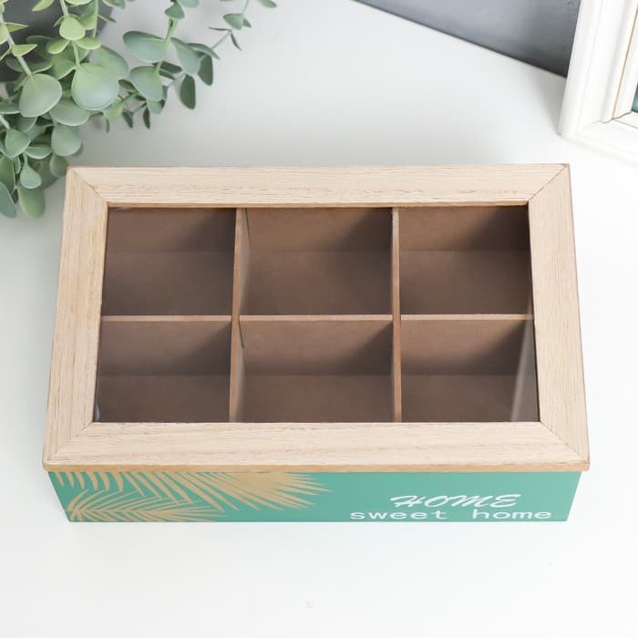 Шкатулка для чая с делениями «Пальмовые листья», дерево, зелёная с золотом, 7×16.5×24 см