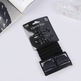 Набор для волос QF «Новия», 8 шт.: 2 невидимки 5 см, 4 резинки, 2 краба 3 см, чёрный