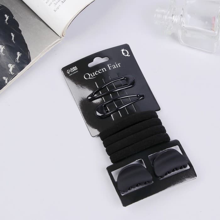 Набор для волос QF «Новия», 8 шт.: 2 невидимки 5 см, 4 резинки, 2 краба 3 см, чёрный