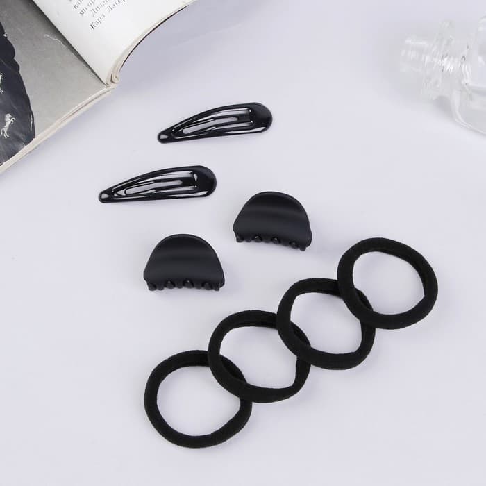 Набор для волос QF «Новия», 8 шт.: 2 невидимки 5 см, 4 резинки, 2 краба 3 см, чёрный