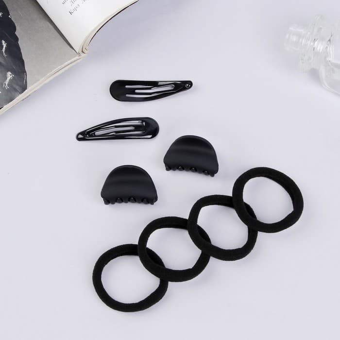 Набор для волос QF «Новия», 8 шт.: 2 невидимки 5 см, 4 резинки, 2 краба 3 см, чёрный