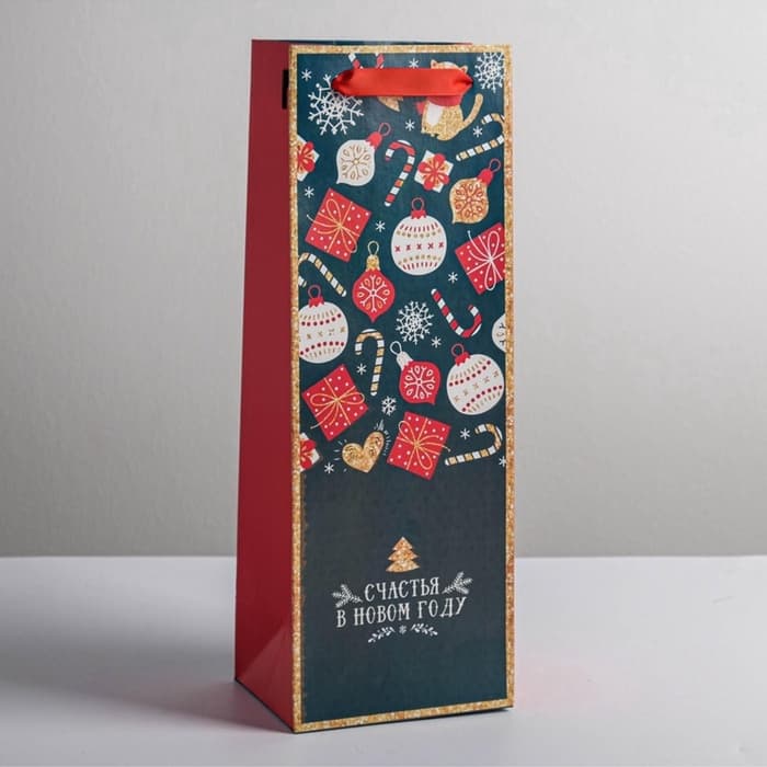 Пакет подарочный новогодний под бутылку «Счастья в Новом году», 13×35×10 см