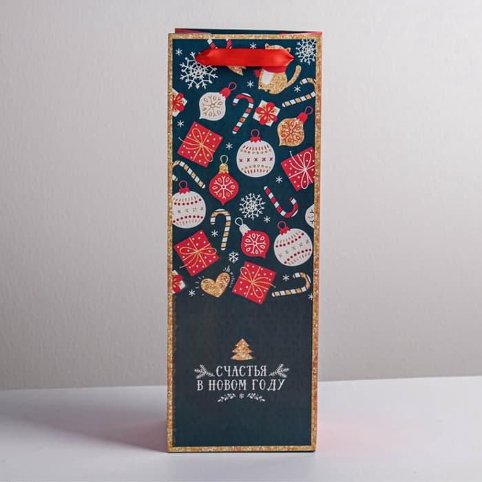 Пакет подарочный новогодний под бутылку «Счастья в Новом году», 13×35×10 см