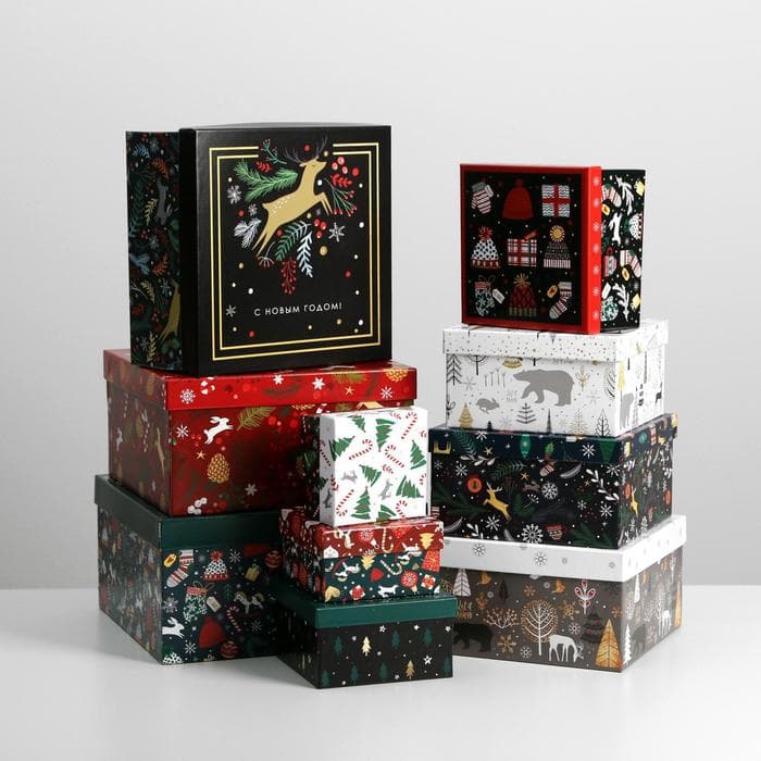 Коробки подарочные новогодние набор 10 в 1 «Новогодний», 10×10×6 ‒ 28×28×15 см