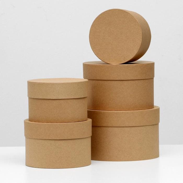 Набор круглых коробок 5 в 1 «Крафт однотонный», 22×22×14- 14×14×10 см