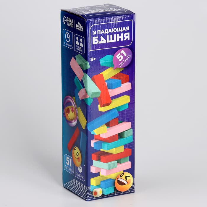 Игра настольная «Падающая башня цветная», 51 шт, 28,5 × 8,5 × 8 см