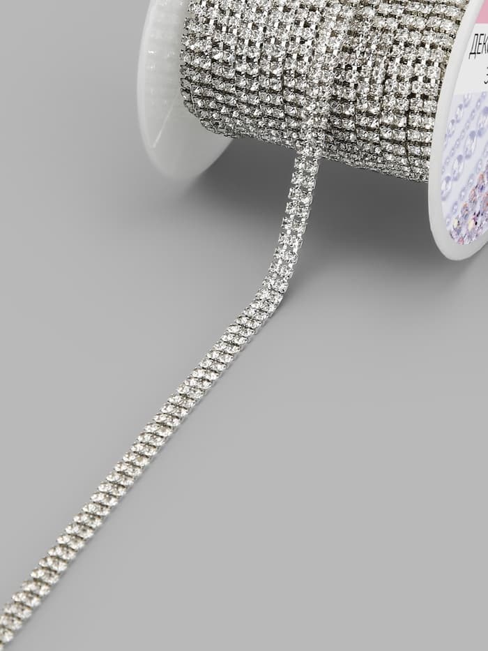 Цепь со стразами, 2 ряда, металл, стекло, 4 мм, 4.5±0.5 м, цвет серебряный