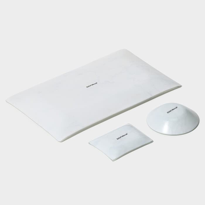 Набор для суши Доляна «Марбл белый», 3 предмета: соусники 8×2 см, 8×6 см, подставка 25×15×2 см, стекло