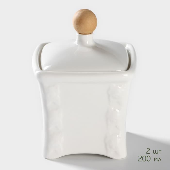 Банки для хранения специй и соусов BellaTenero, 6 предметов: солонка 100 мл, банка 200 мл, соусник 200 мл, на бамбуковой подставке, фарфор, белые
