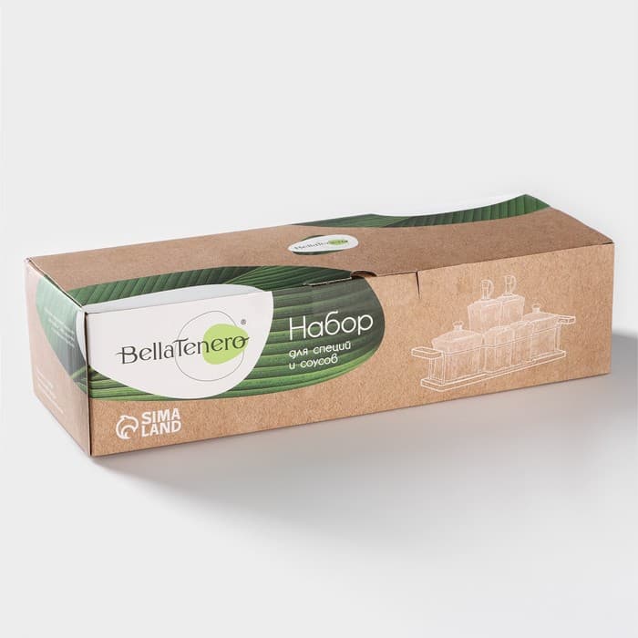 Банки для хранения специй и соусов BellaTenero, 6 предметов: солонка 100 мл, банка 200 мл, соусник 200 мл, на бамбуковой подставке, фарфор, белые