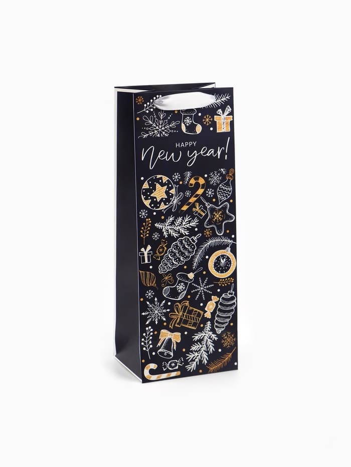 Пакет под бутылку подарочный новогодний ламинированный Happy New Year, 13×35×10 см