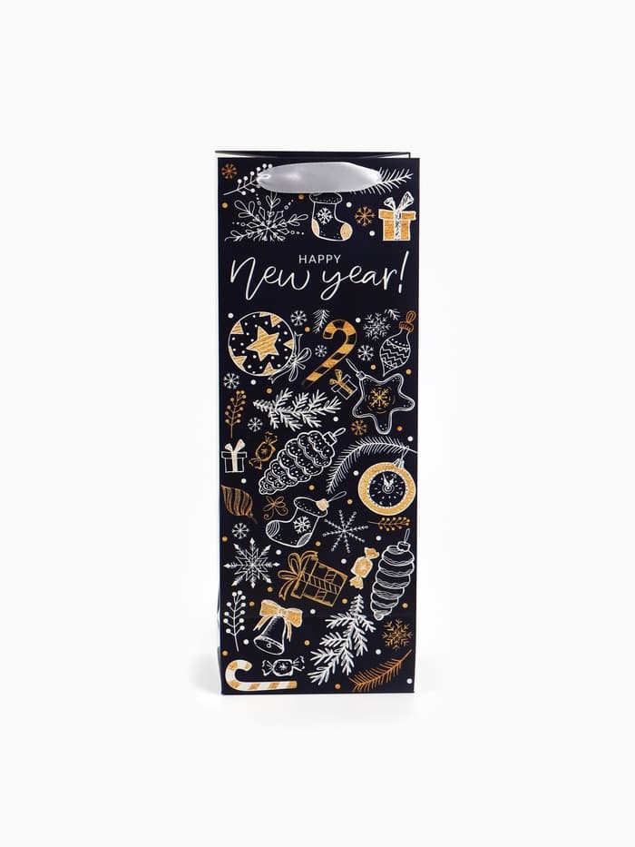 Пакет под бутылку подарочный новогодний ламинированный Happy New Year, 13×35×10 см