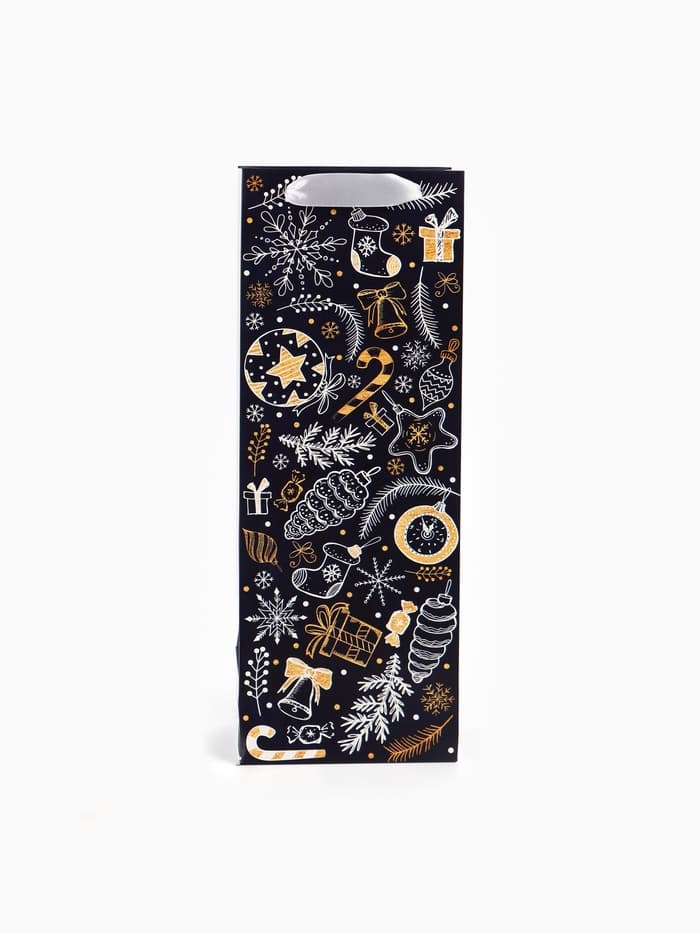 Пакет под бутылку подарочный новогодний ламинированный Happy New Year, 13×35×10 см