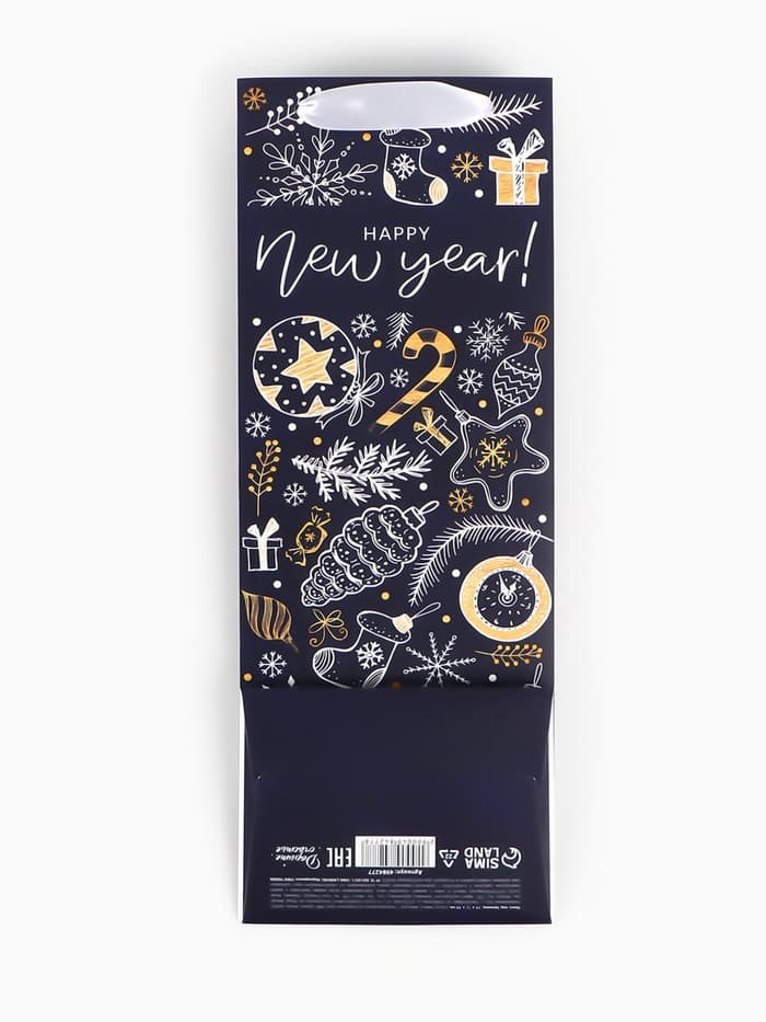 Пакет под бутылку подарочный новогодний ламинированный Happy New Year, 13×35×10 см