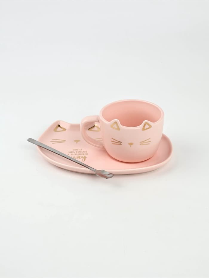 Чайная пара «Мяу»: кружка 200 мл, блюдце 18×11 см, ложка