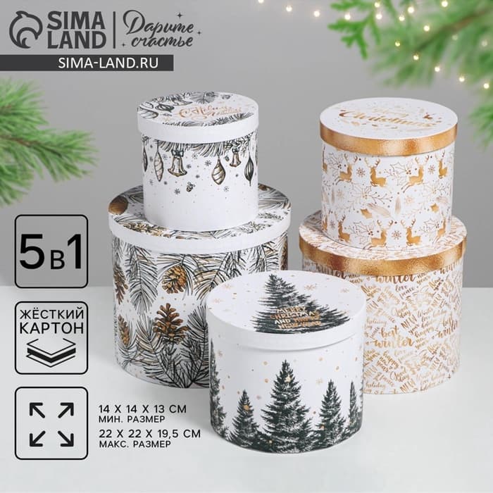 Набор подарочных коробок 5 в 1 «Белое золото», 13×14‒19.5×22 см, Новый год