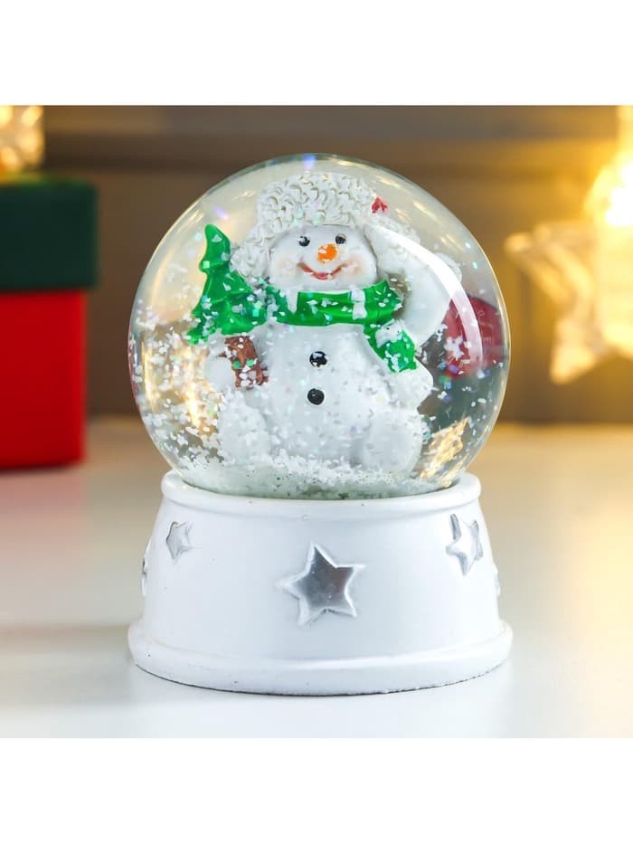 Снежный шар новогодний стеклянный «Снеговик в шапке-ушанке, с ёлкой», d=6.5 см, 8×6.5×6.5 см