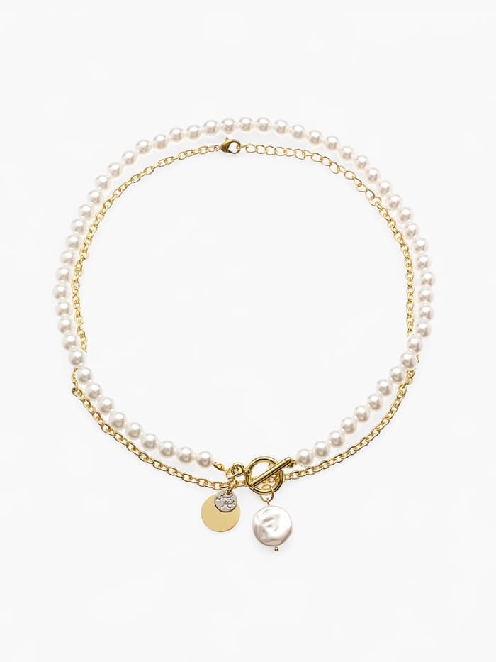 Кулон на цепочке и бусах « Жемчужная нить и амулет», 2 шт. L=45 см, белый в золоте