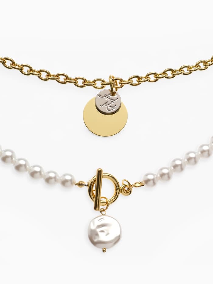 Кулон на цепочке и бусах « Жемчужная нить и амулет», 2 шт. L=45 см, белый в золоте