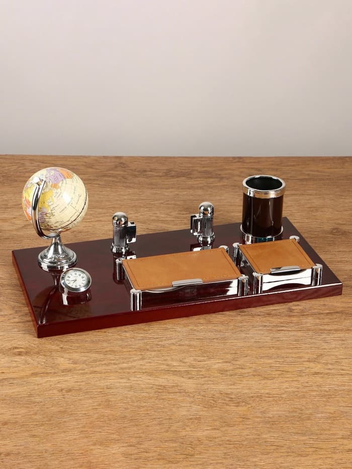 Набор настольный, органайзер 6 в 1 с визитницей и часами, красное дерево