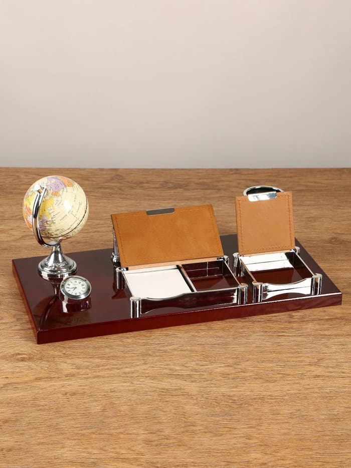 Набор настольный, органайзер 6 в 1 с визитницей и часами, красное дерево