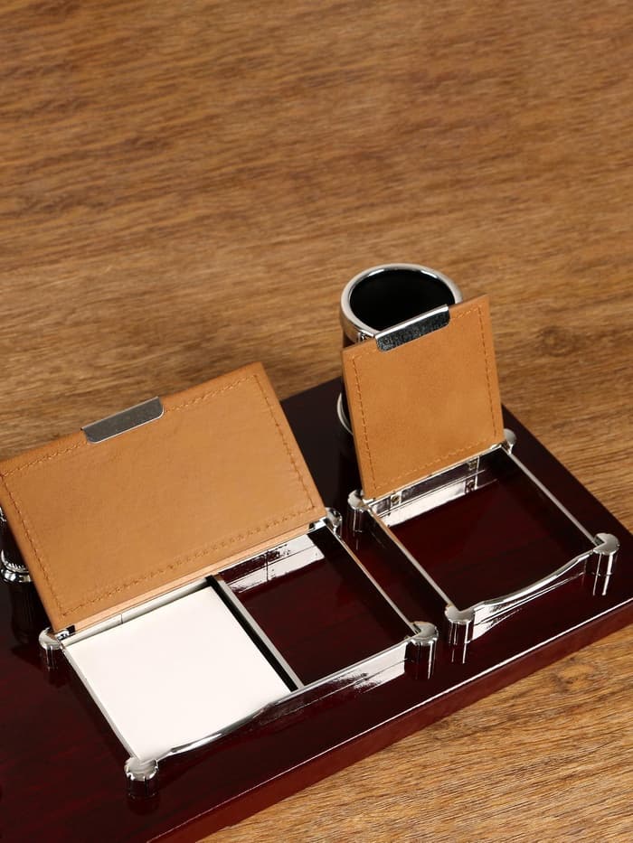 Набор настольный, органайзер 6 в 1 с визитницей и часами, красное дерево