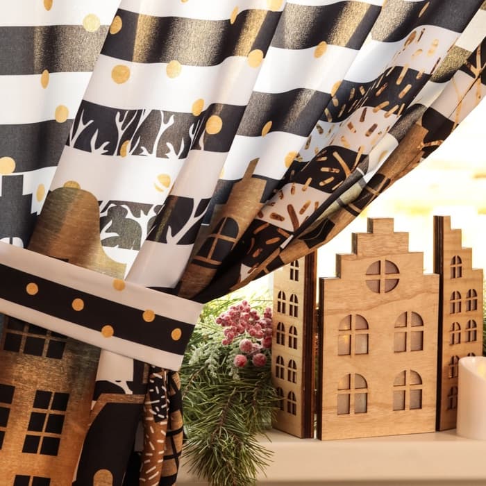 Комплект штор для кухни с подхватами «Этель. Золотой город», 2 шт., белые, чёрные, 145×180 см