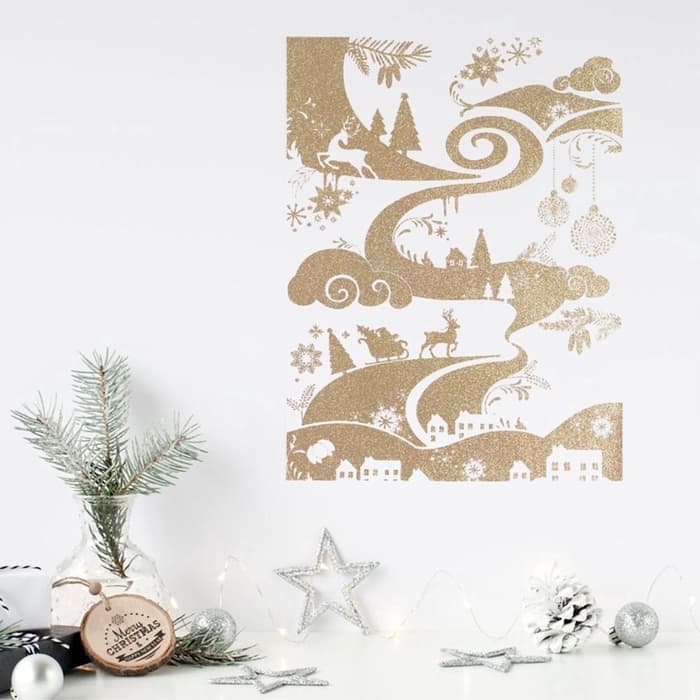 Наклейки новогодние, интерьерные с блестками «Пейзаж», 29.5×42 см