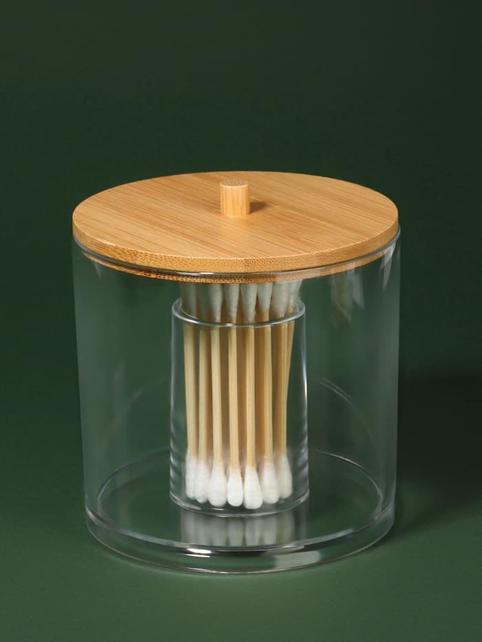 Органайзер для ватных палочек «BAMBOO», с крышкой, d=9.5×9.7 см, прозрачный, коричневый