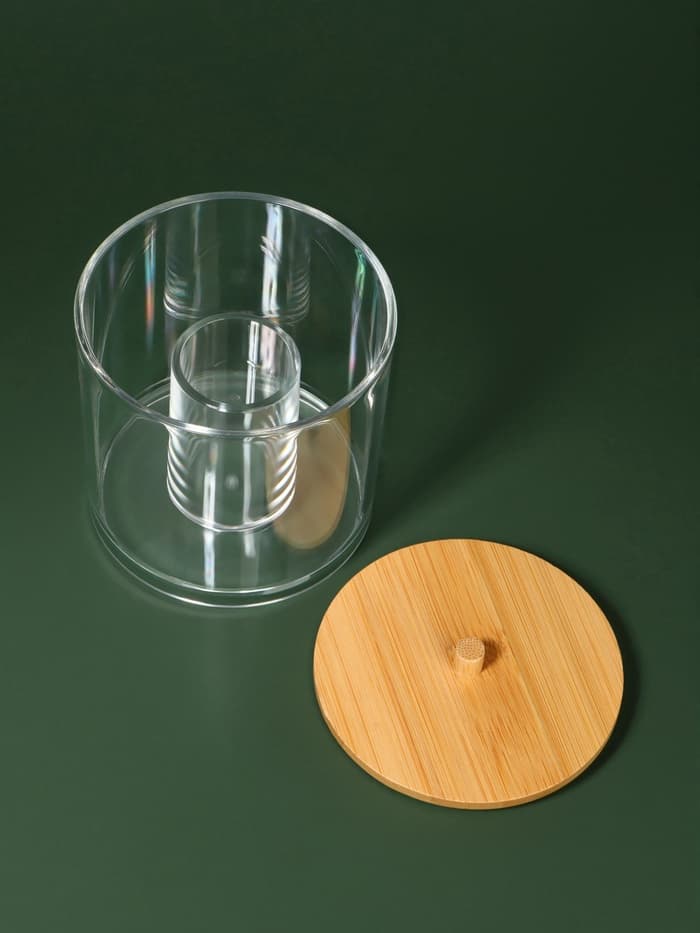 Органайзер для ватных палочек «BAMBOO», с крышкой, d=9.5×9.7 см, прозрачный, коричневый