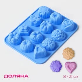 Форма для выпечки Доляна «Немецкий кекс, роза», силикон, 16×21 см, 12 ячеек (d=4.2 см), голубая